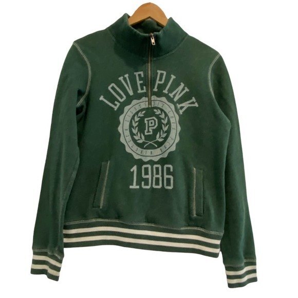 VS Pink Size Small Green Quarter Zip Vintage Varsity Pullover Sweatshirt - Picture 1 of 5
